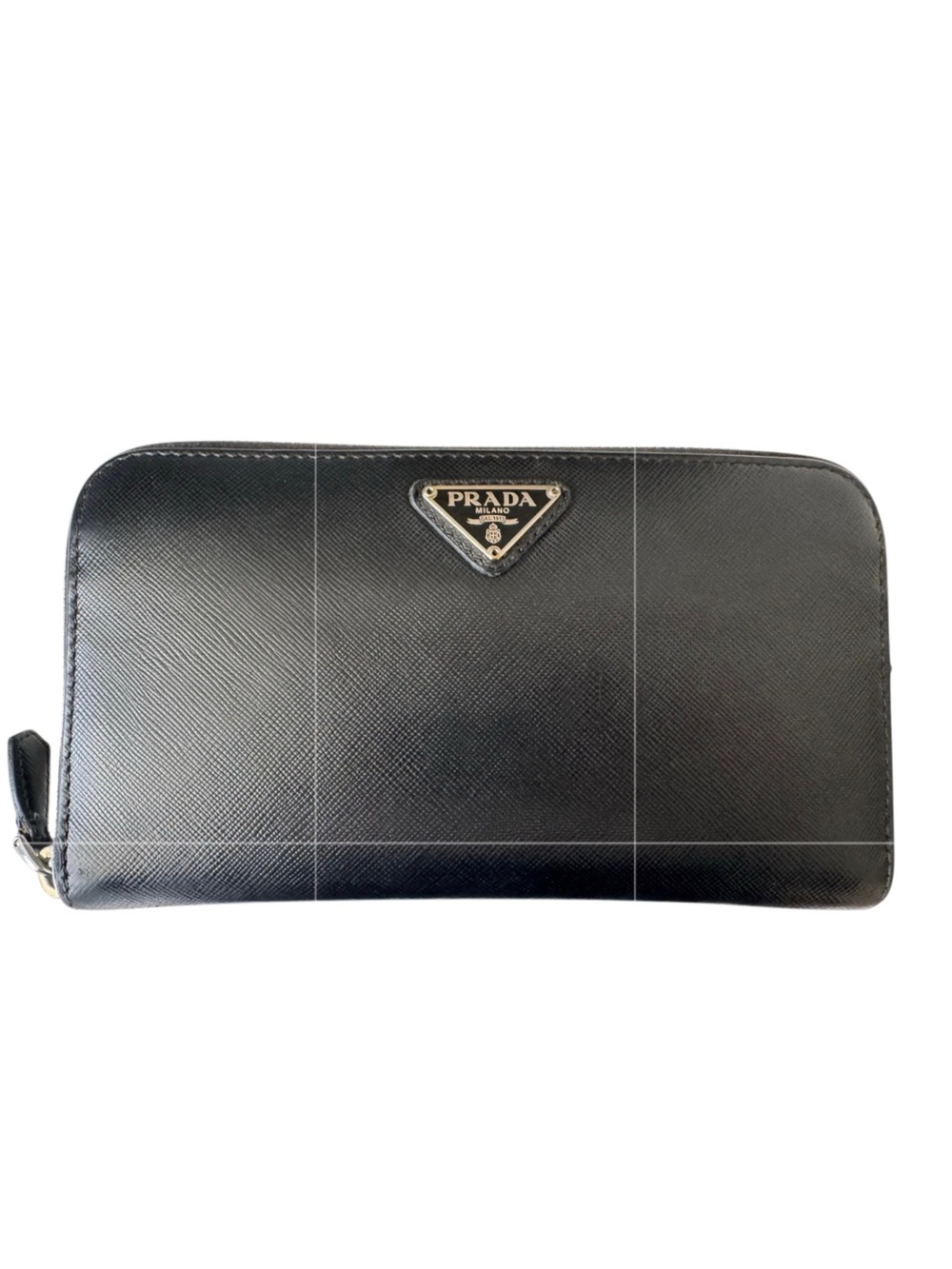 Prada Black Saffiano Zip-Around Wallet Logo Plaque — Black / Silver Hardware